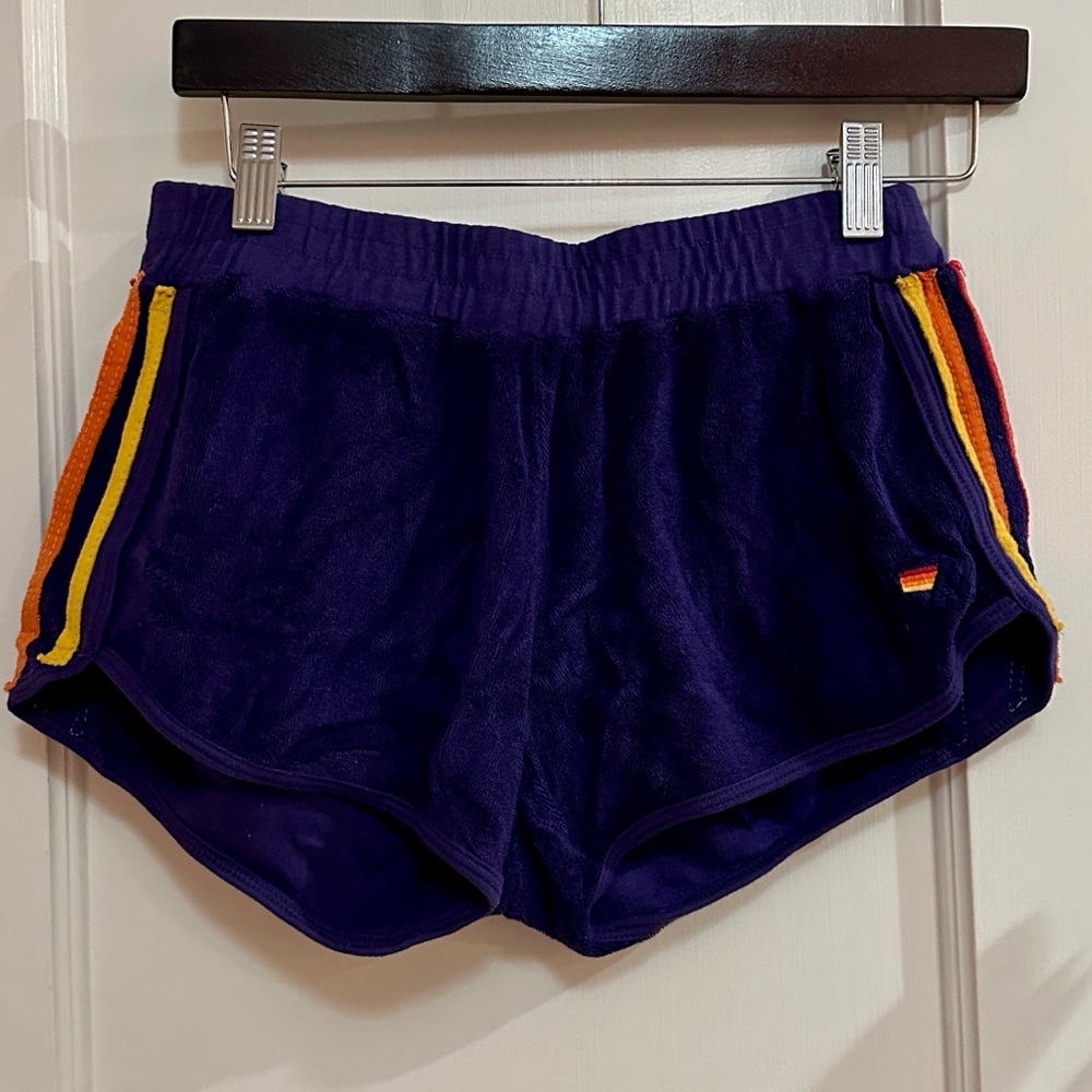 Aviator Nation Purple Terry Athletic Shorts with Rainbow Side Stripes